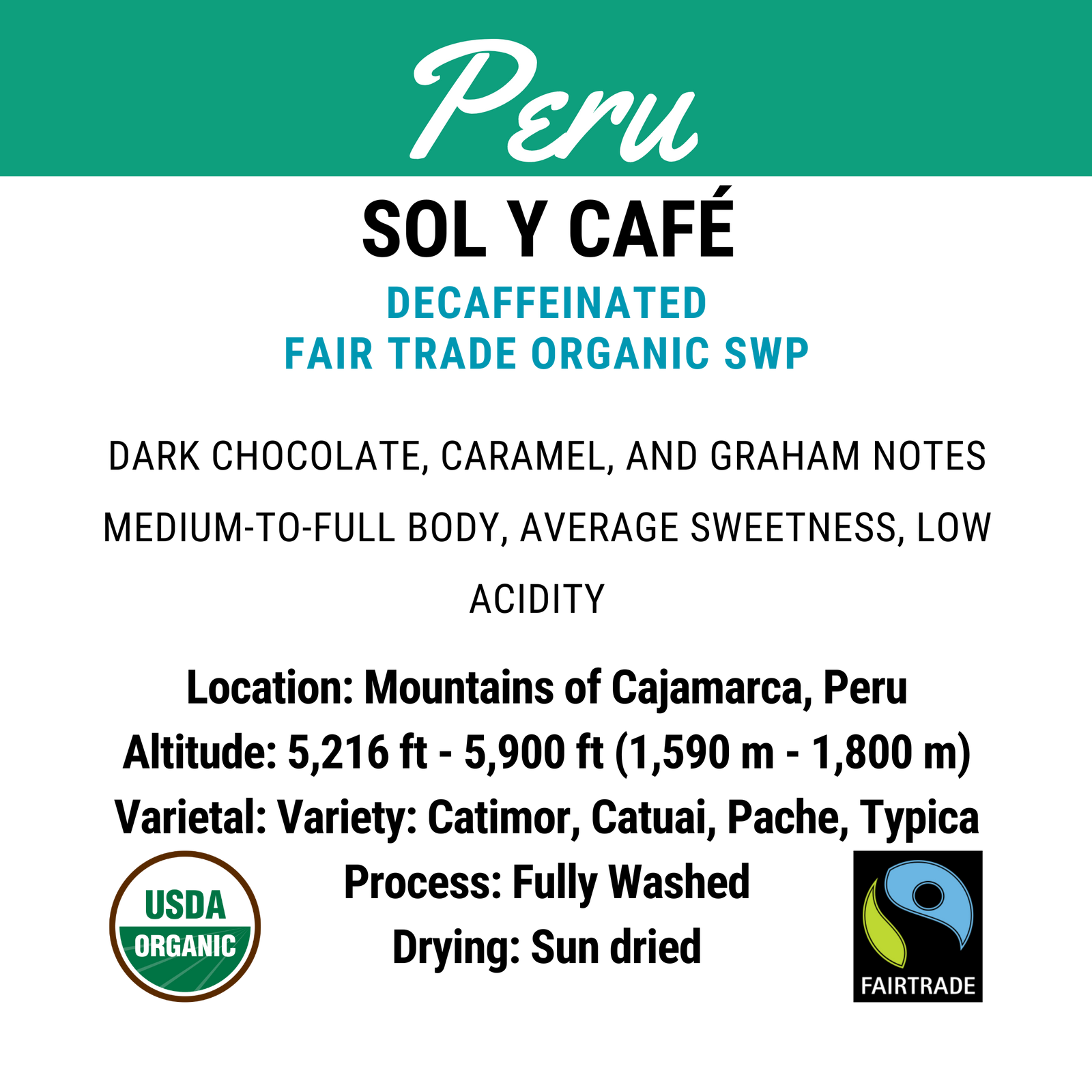 Peru Decaffeinated Fair Trade Organic SWP
